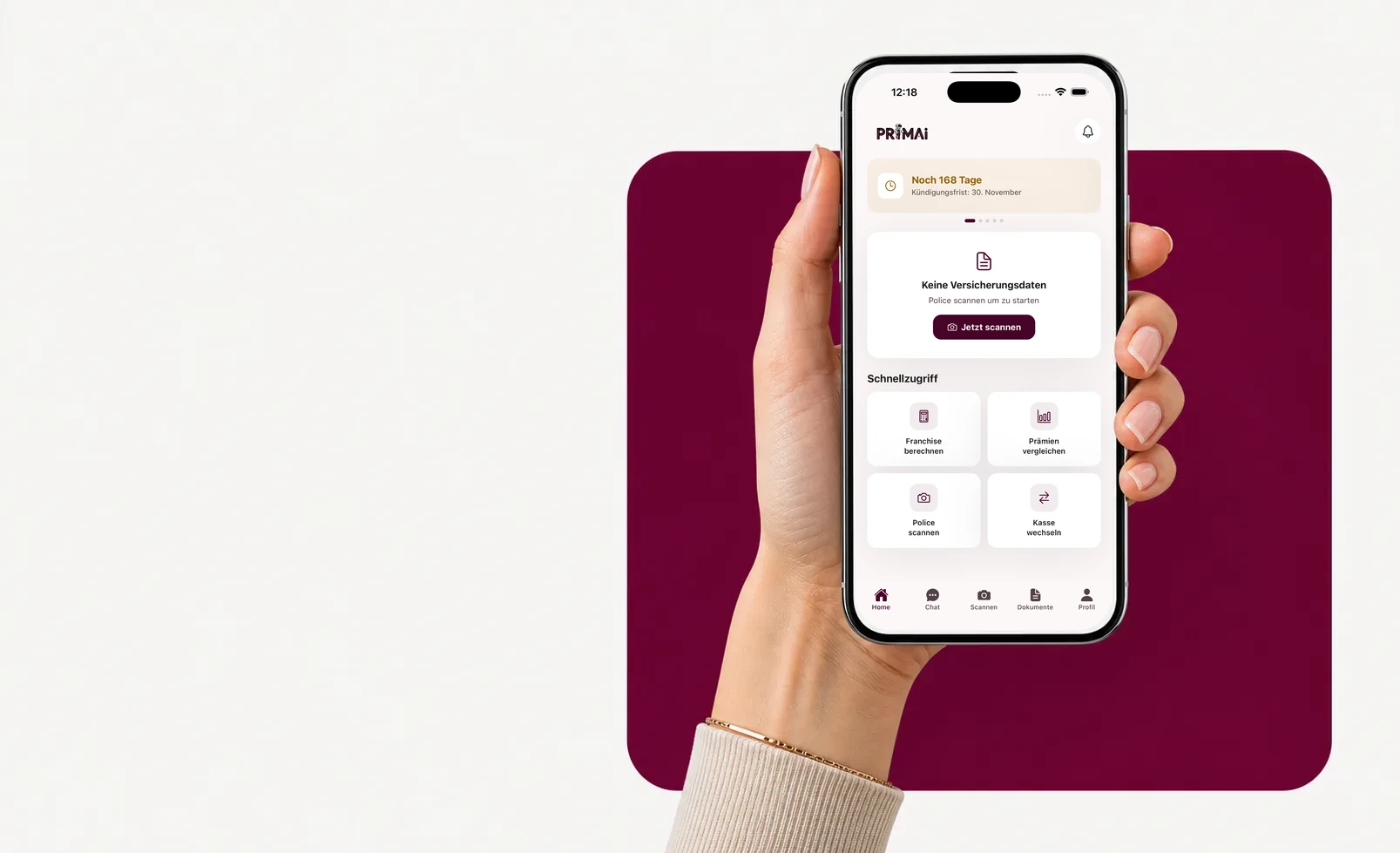 Hand holding a smartphone showing the PrimAI app: overview with cancellation deadline and quick access