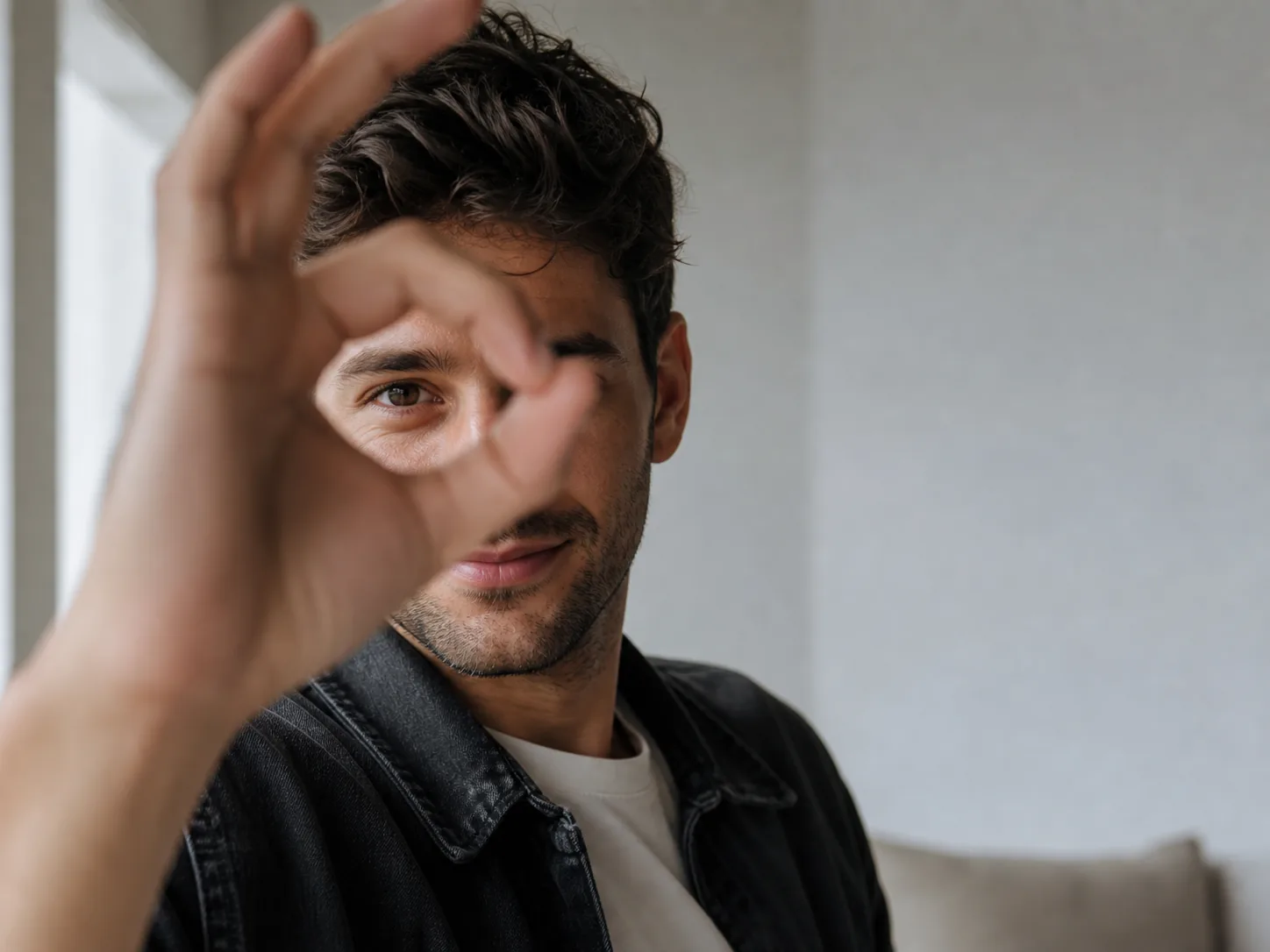 Person forming a zero with their hand in front of one eye